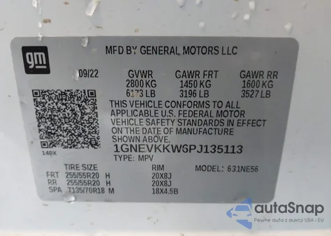 2023 Chevrolet Traverse Awd Premier z USA, uszkodzony, nr VIN 1GNEVKKW6PJ135113